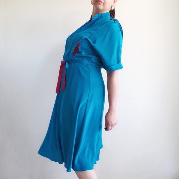 Vintage 80's Blouson Midi Dress 7/8 Turquoise - Picture 4 of 12